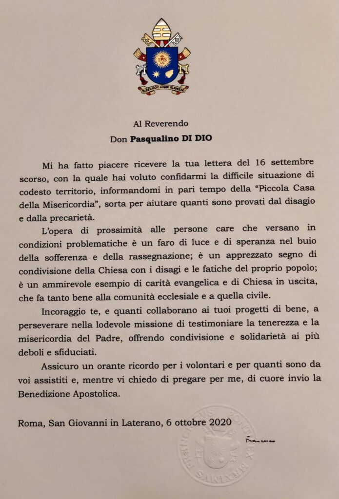 Gela Francesco Incoraggia L Opera Della Piccola Casa Della Misericordia Lettera Del Papa Alla Comunita Che Aiuta Gli Ultimi